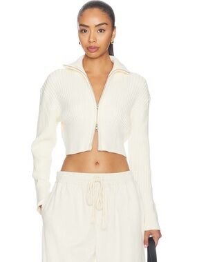 Gab and Kate Cream Ribbed Zip-Front V-Neck Sweater
